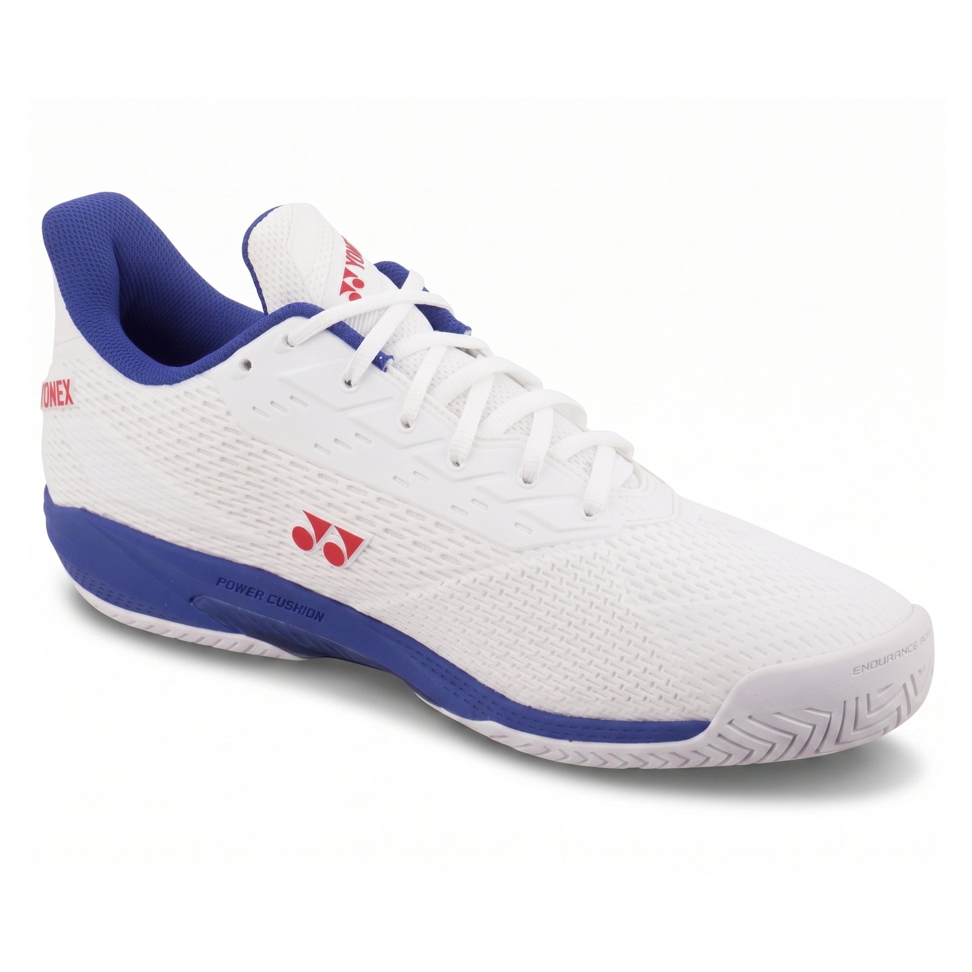 White and blue tennis shoe with Yonex logo on a white background