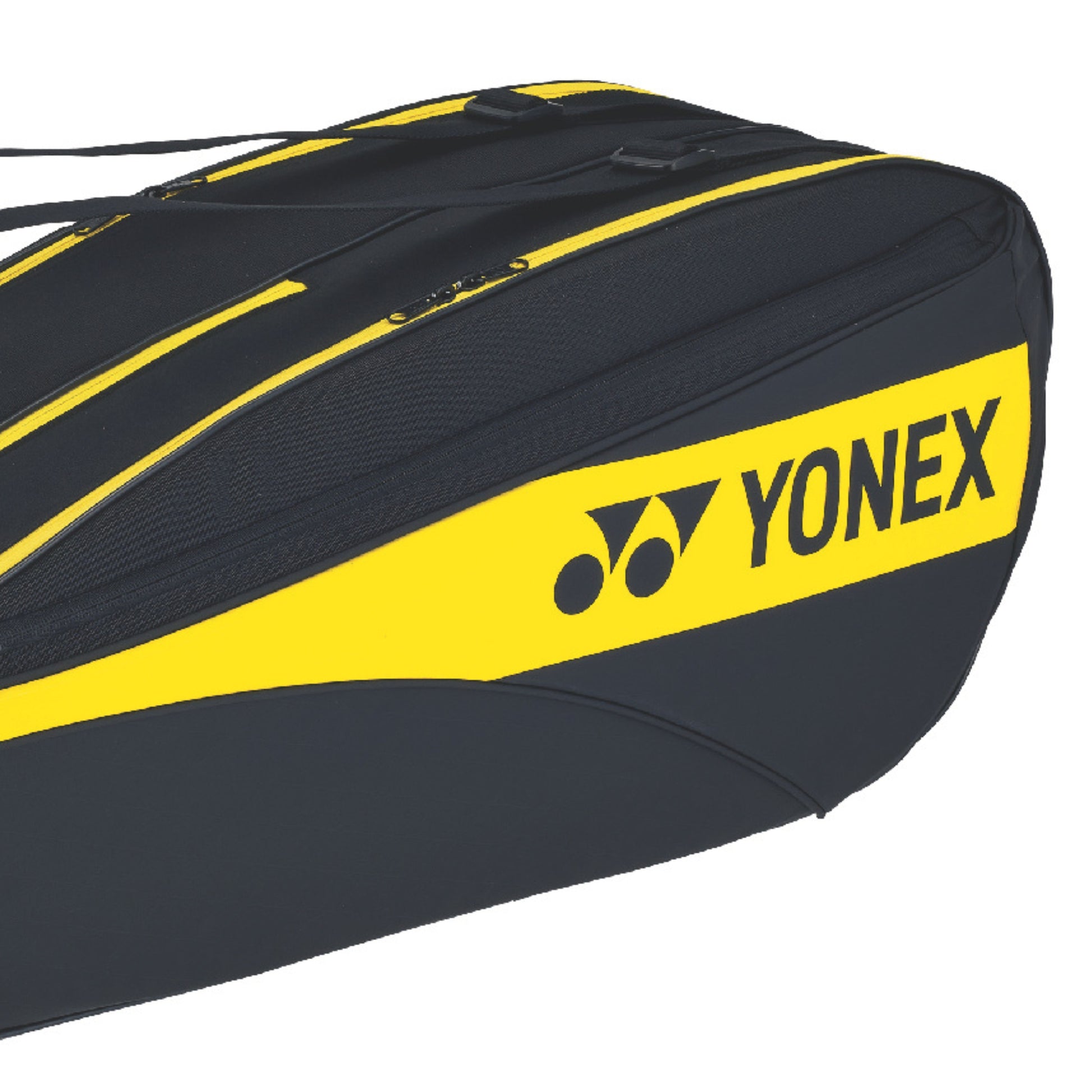 Black and yellow Yonex tennis racket bag on a white background