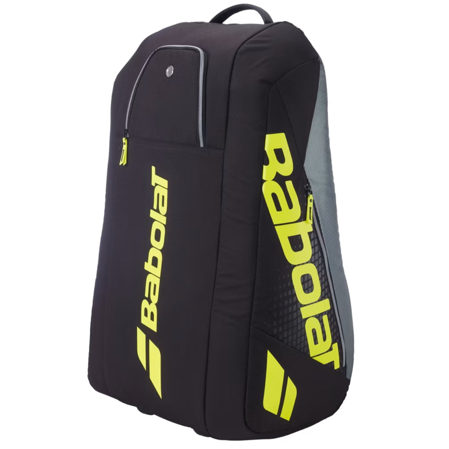 Black tennis bag with yellow Babolat branding on a white background