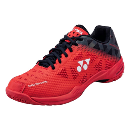 Red Yonex squash shoe with black accents on a white background