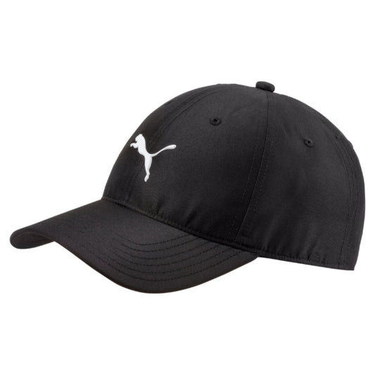 Black Puma cap with a white logo on a white background