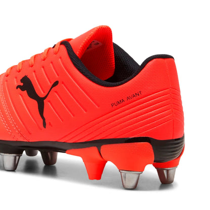 Red rugby boot with black accents and Puma logo on a white background