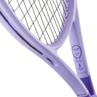 Close-up of a purple HEAD tennis racket showing the throat, strings, and part of the handle against a white background.