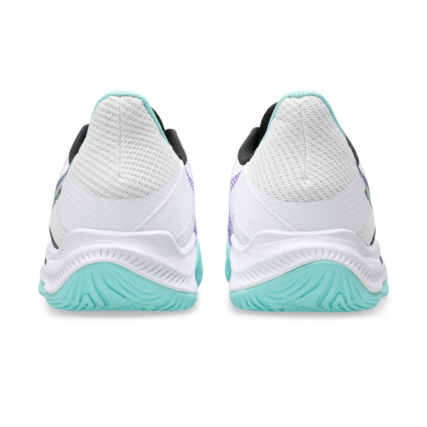 A pair of tennis shies shown from the rear, featuring a white mesh upper, a thick white midsole, and a mint green outsole, set against a plain white background.