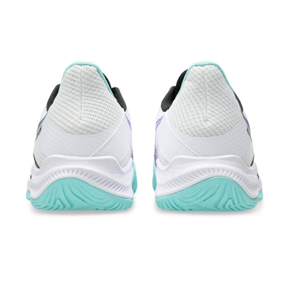 A pair of tennis shies shown from the rear, featuring a white mesh upper, a thick white midsole, and a mint green outsole, set against a plain white background.