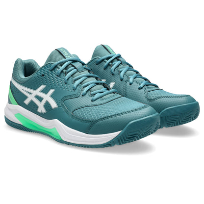 Pair of green Asics padel shoe on a white background