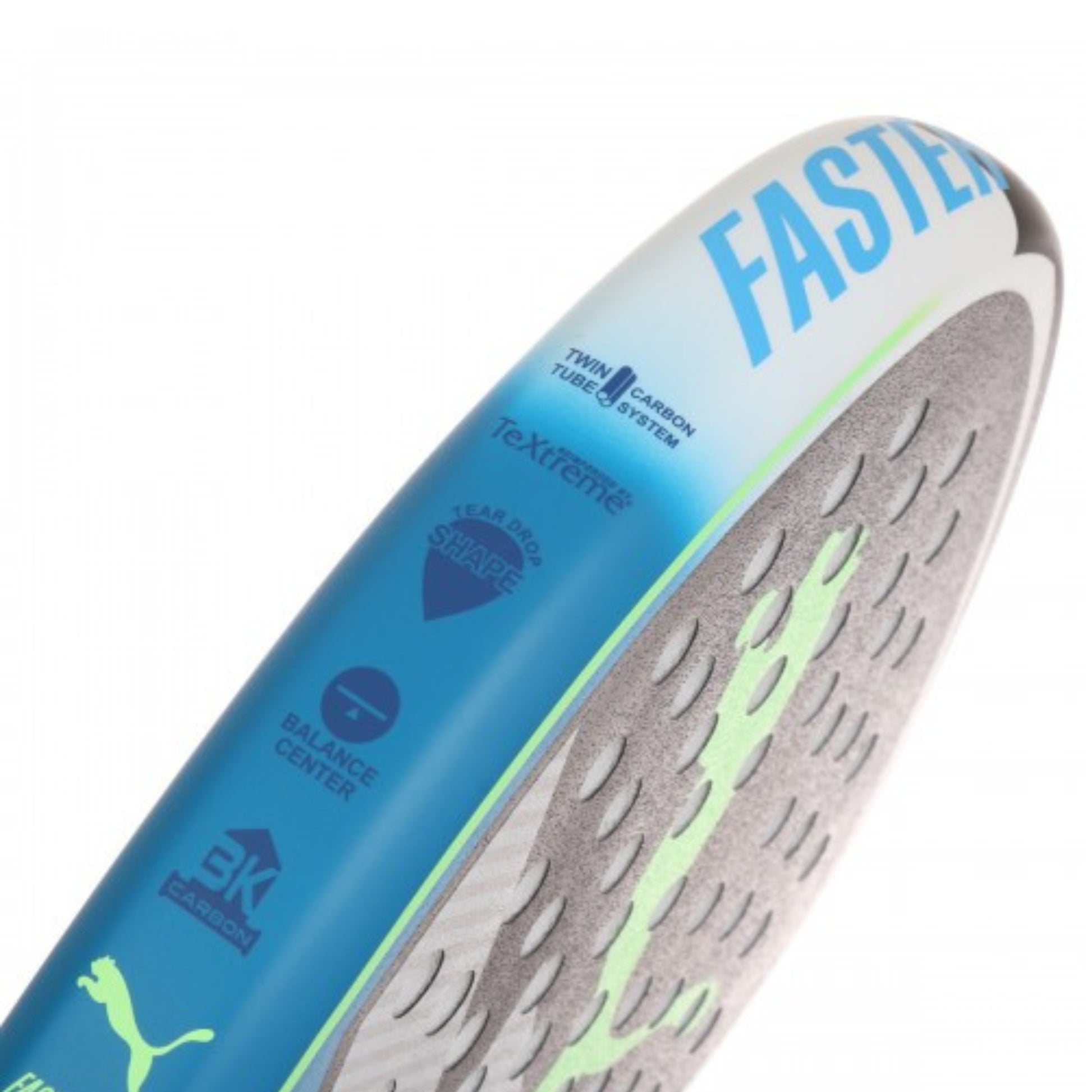 Close-up of a padel racket with 'Faster' branding on a white background