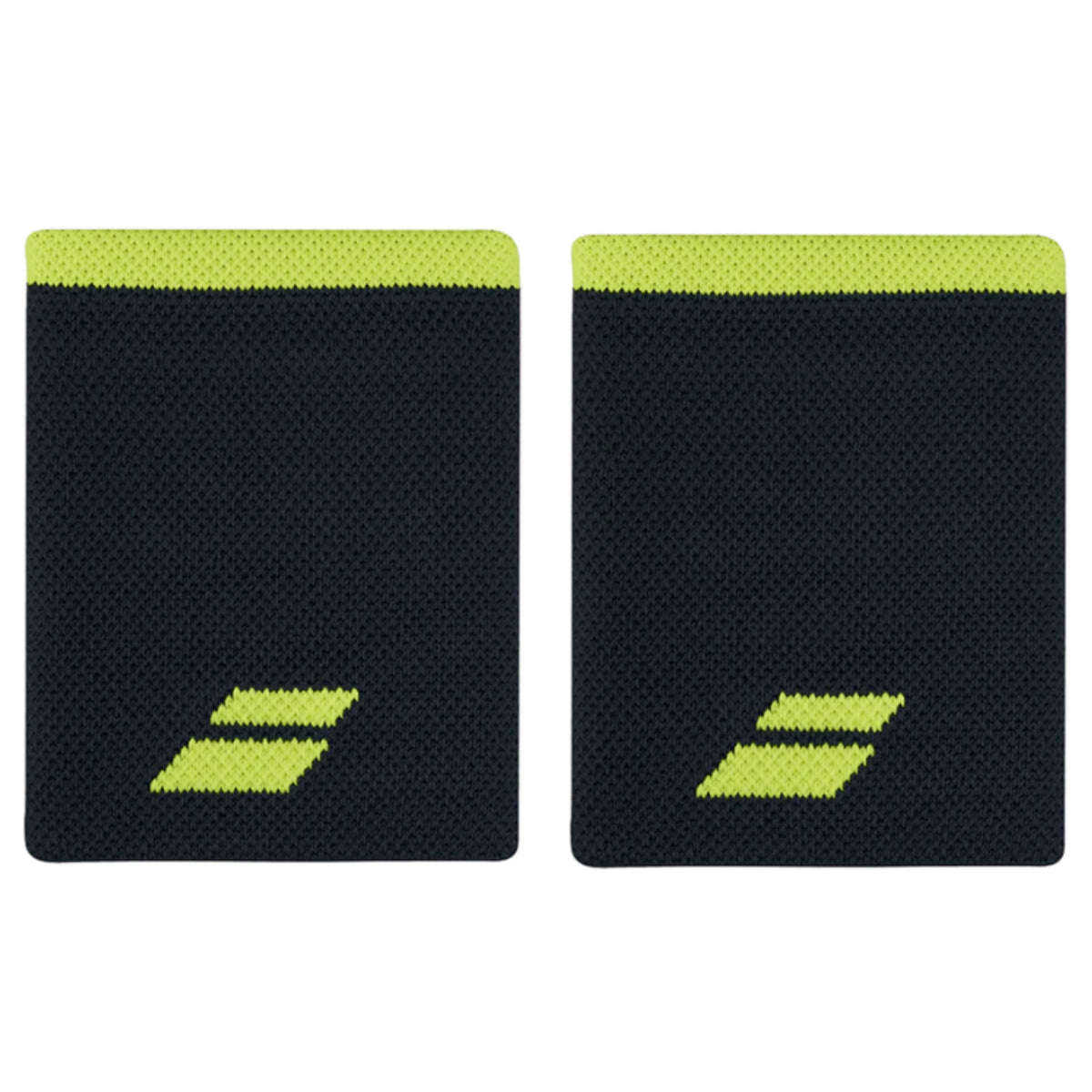 Two black Babolat wristbands with green accents on a white background
