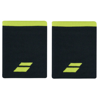 Two black Babolat wristbands with green accents on a white background