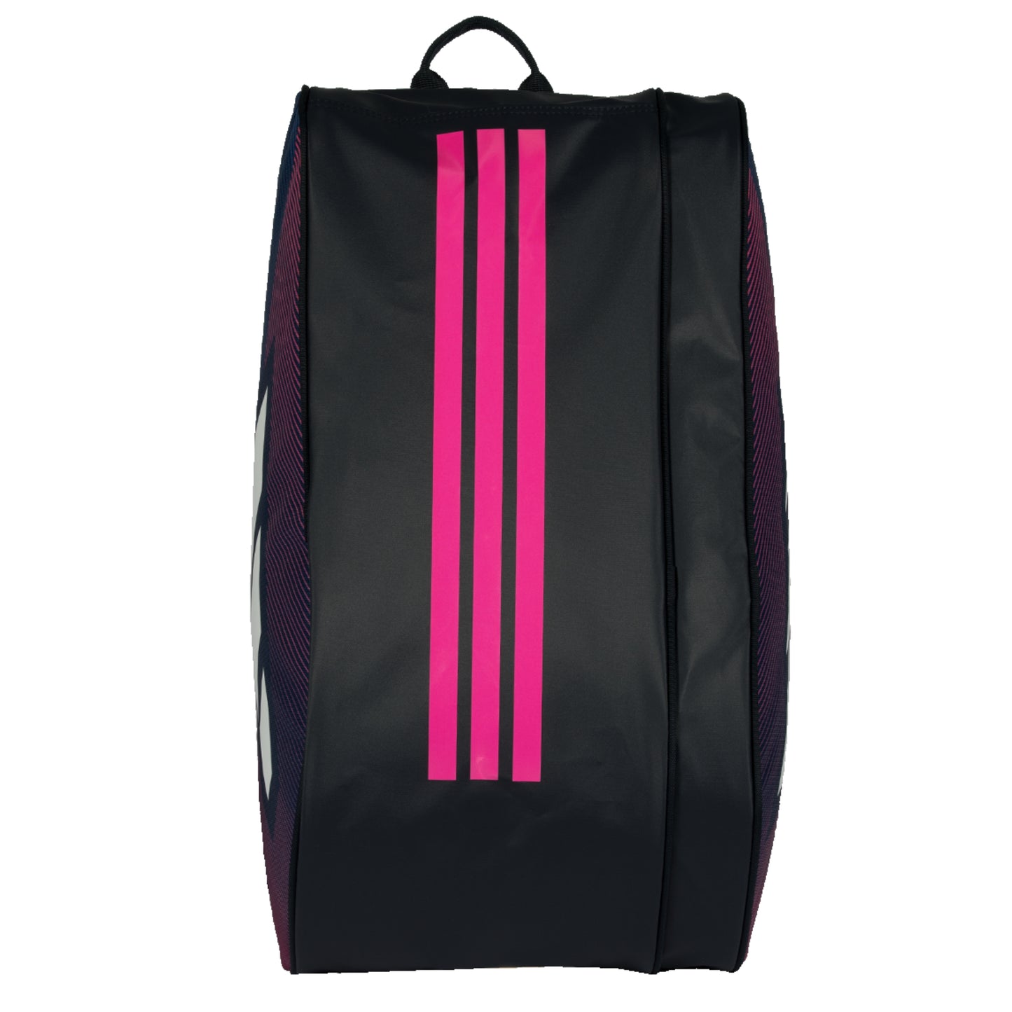 Black bag with pink stripes on a white background