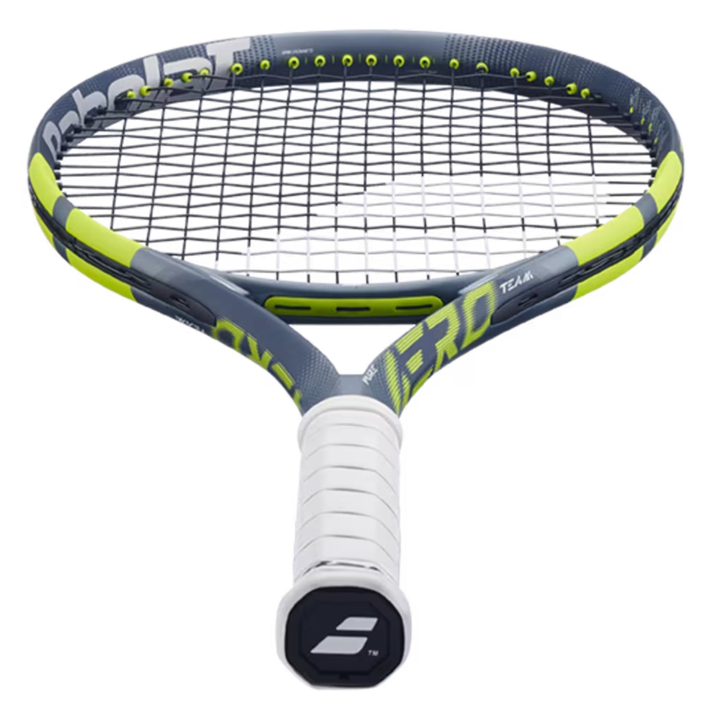 Tennis racket with gray and yellow design on a white background