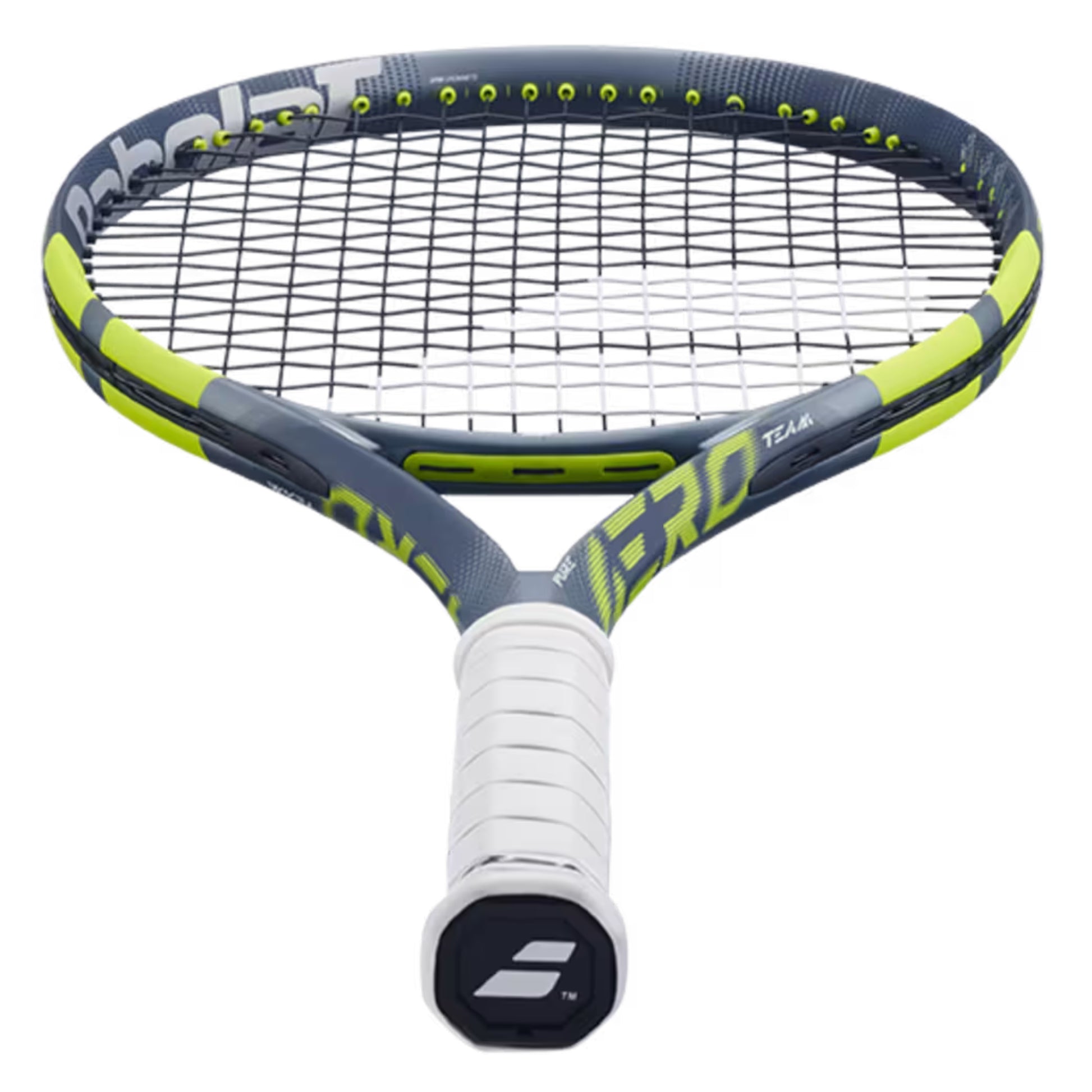 Tennis racket with gray and yellow design on a white background