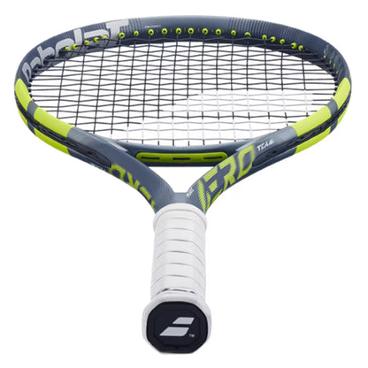 Tennis racket with gray and yellow design on a white background