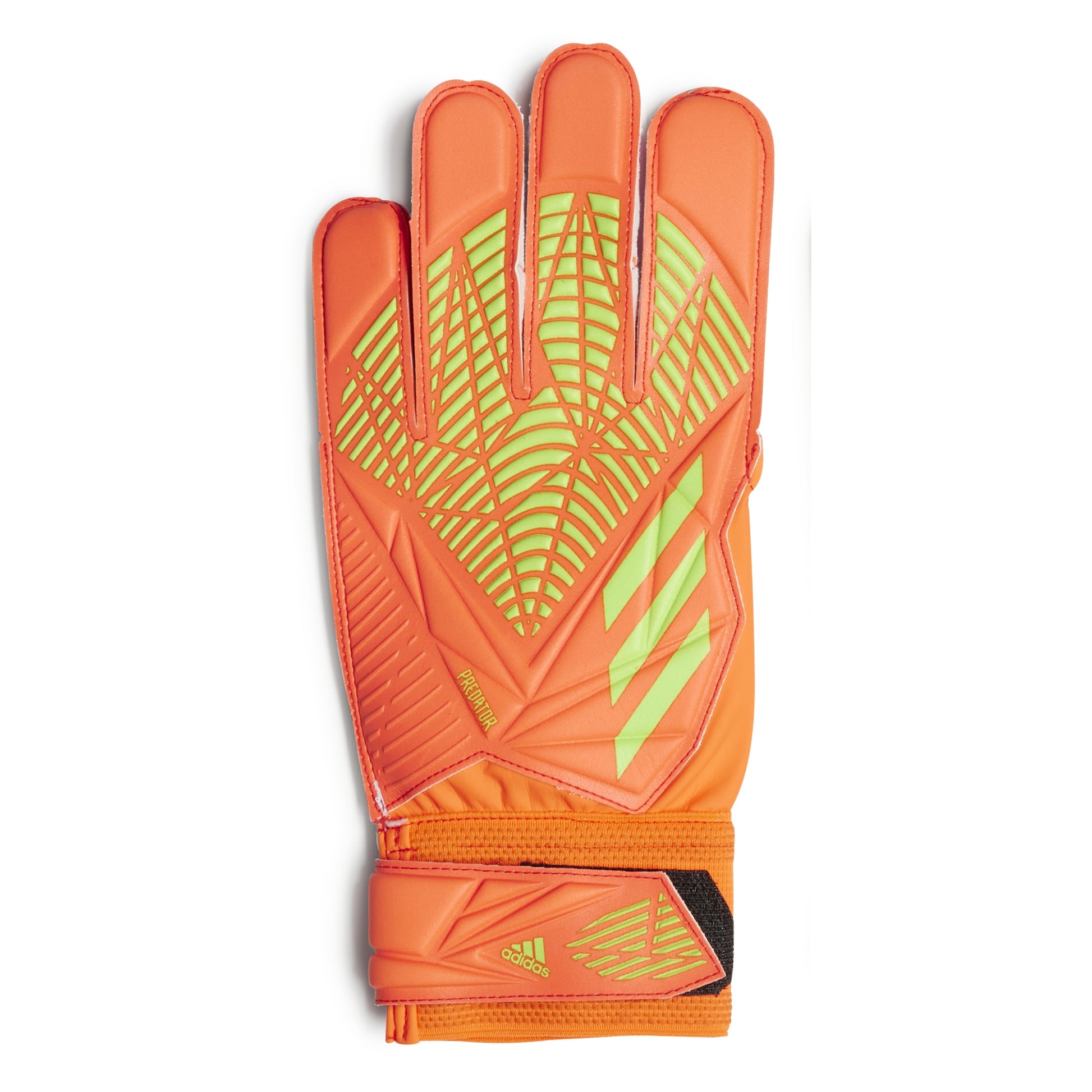 Orange goalkeeper glove with green accents on a white background