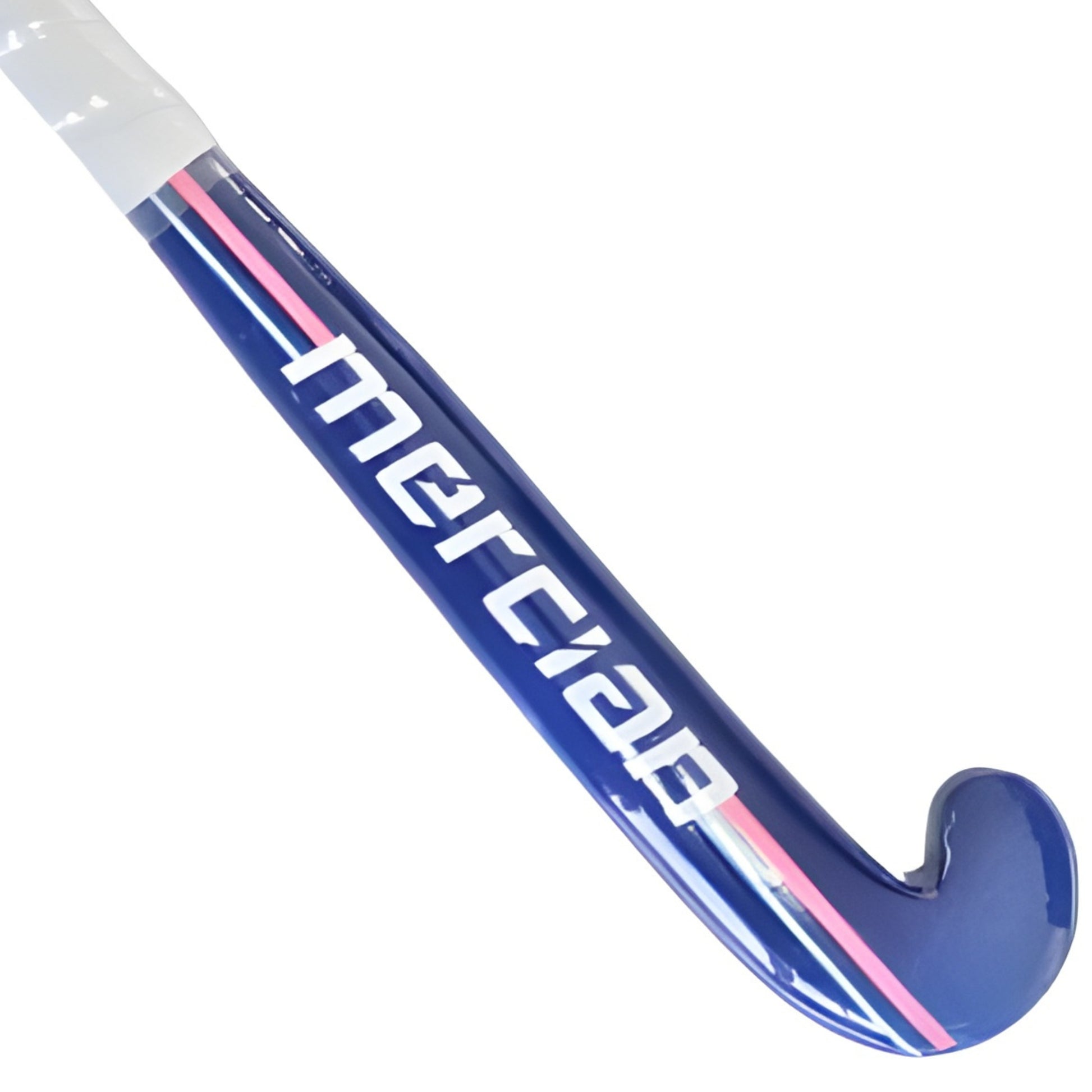 Blue mini hockey stick with 'mercian' branding on a white background