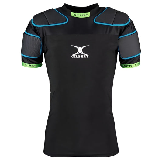 Black Gilbert Amour with shoulder pads and green accents on a white background