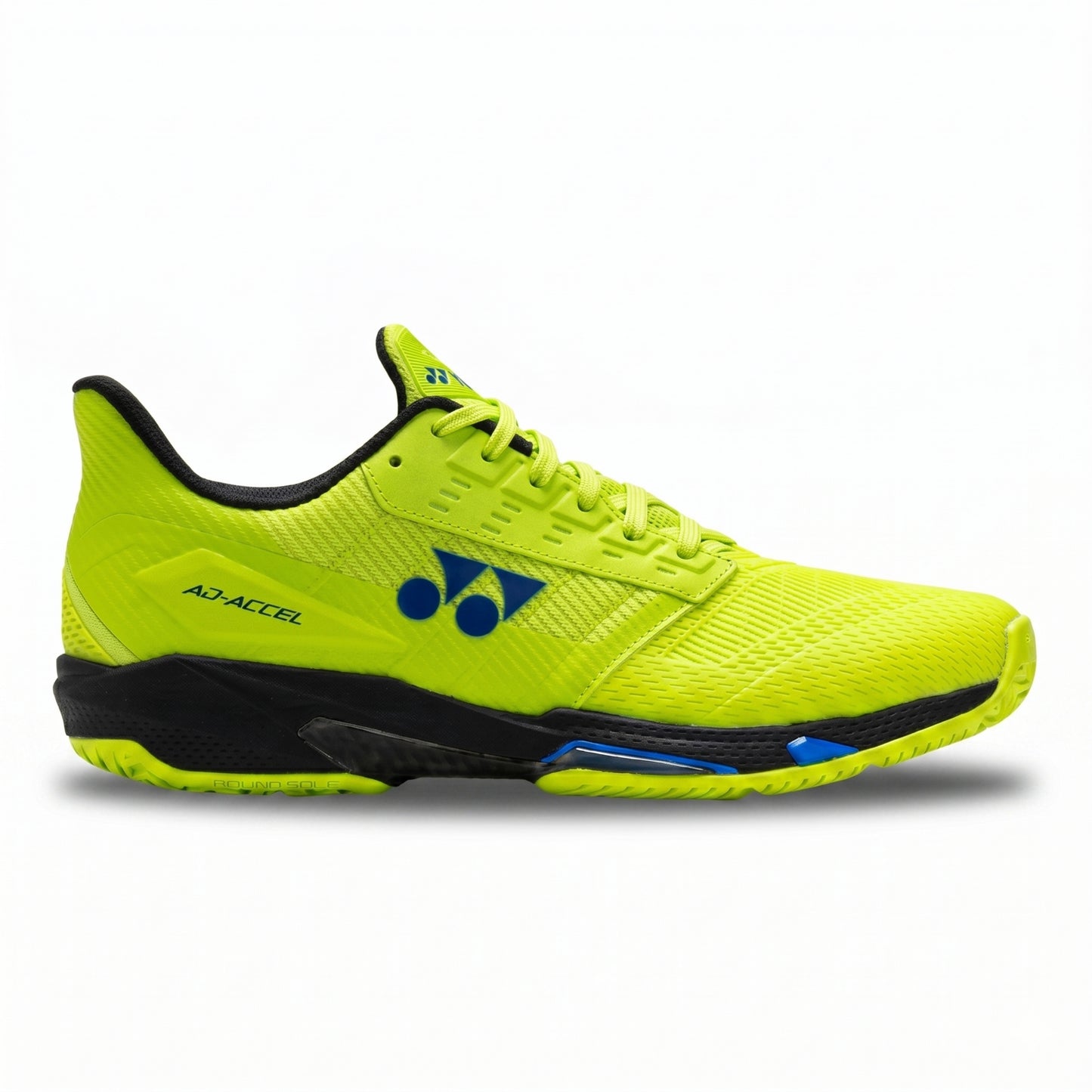 Bright yellow Yonex shoe with black and blue accents on a white background