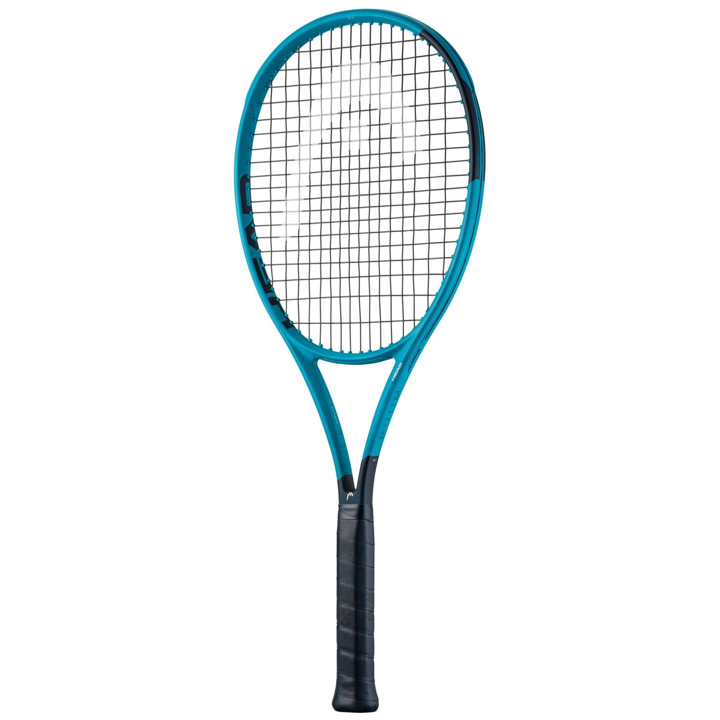 Head tennis racket with blue frame and black handle on a white background