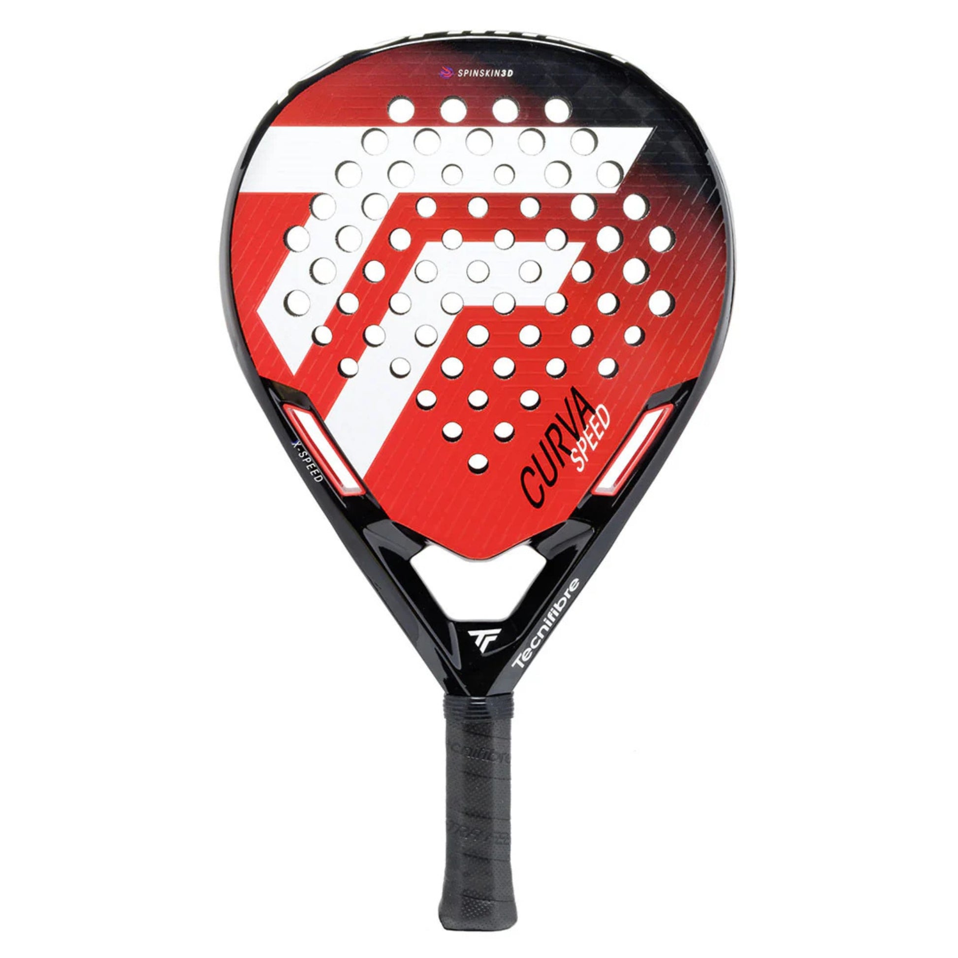 Red and black padel racket with visible branding on a white background