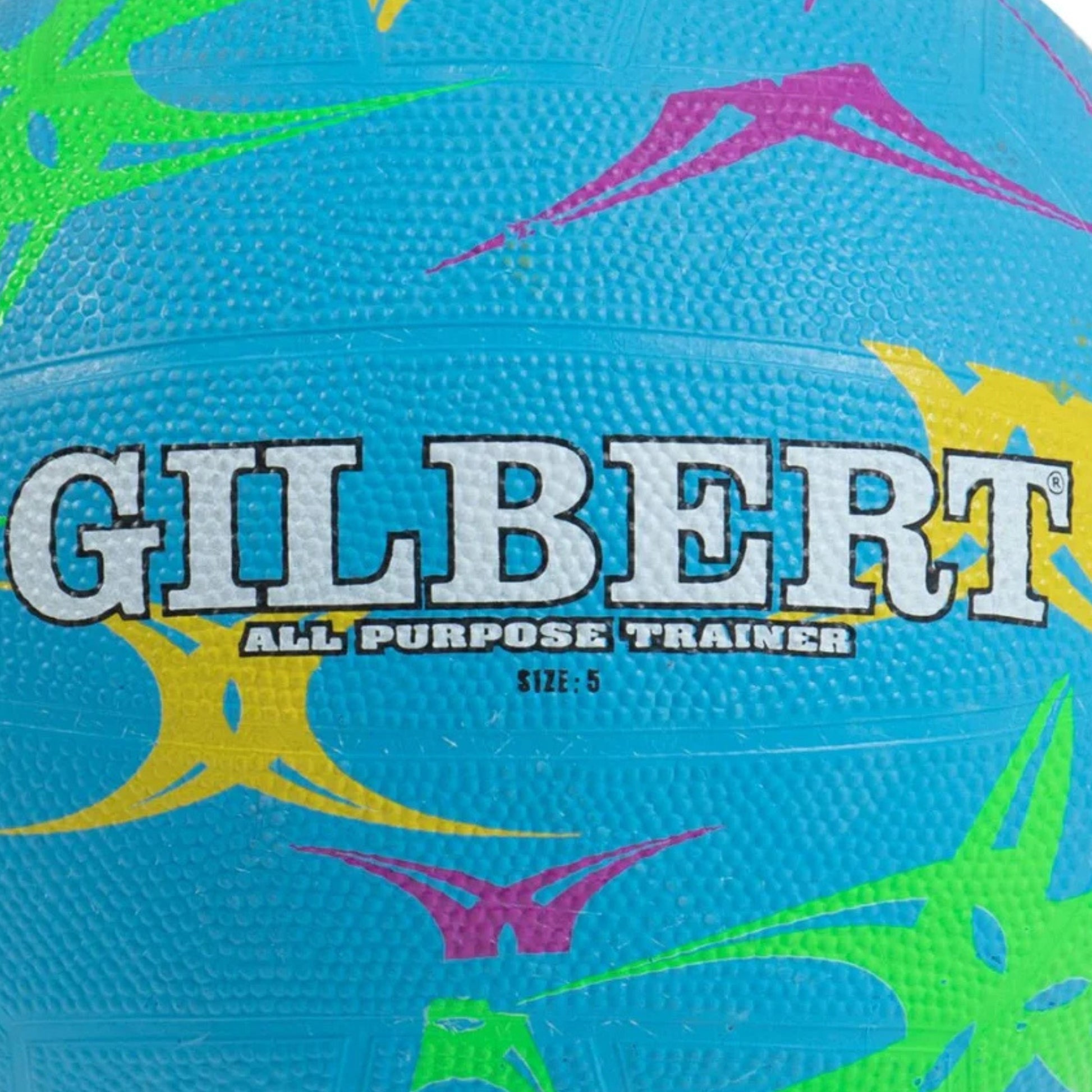 Gilbert blue sports ball with colorful patterns and 'Gilbert' branding