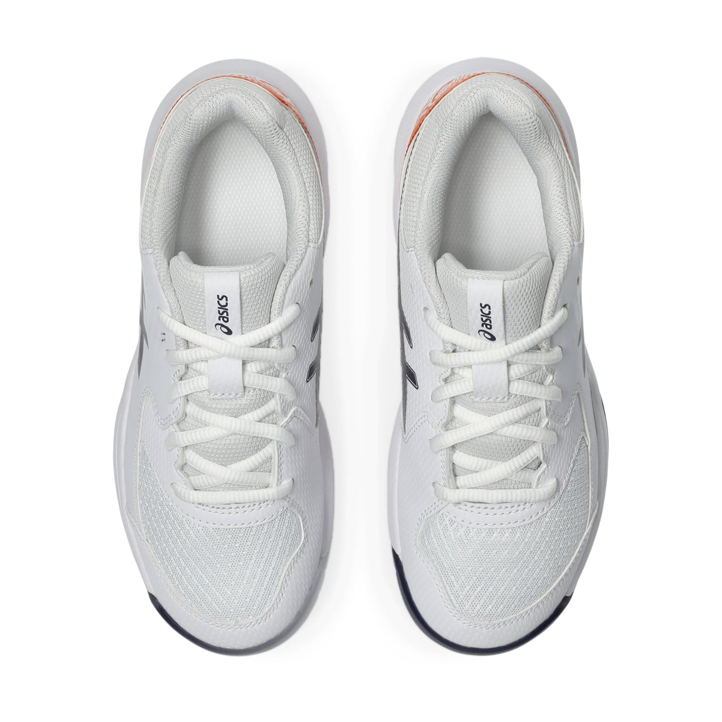Pair of white Asics tennis shoes with navy soles on a white background