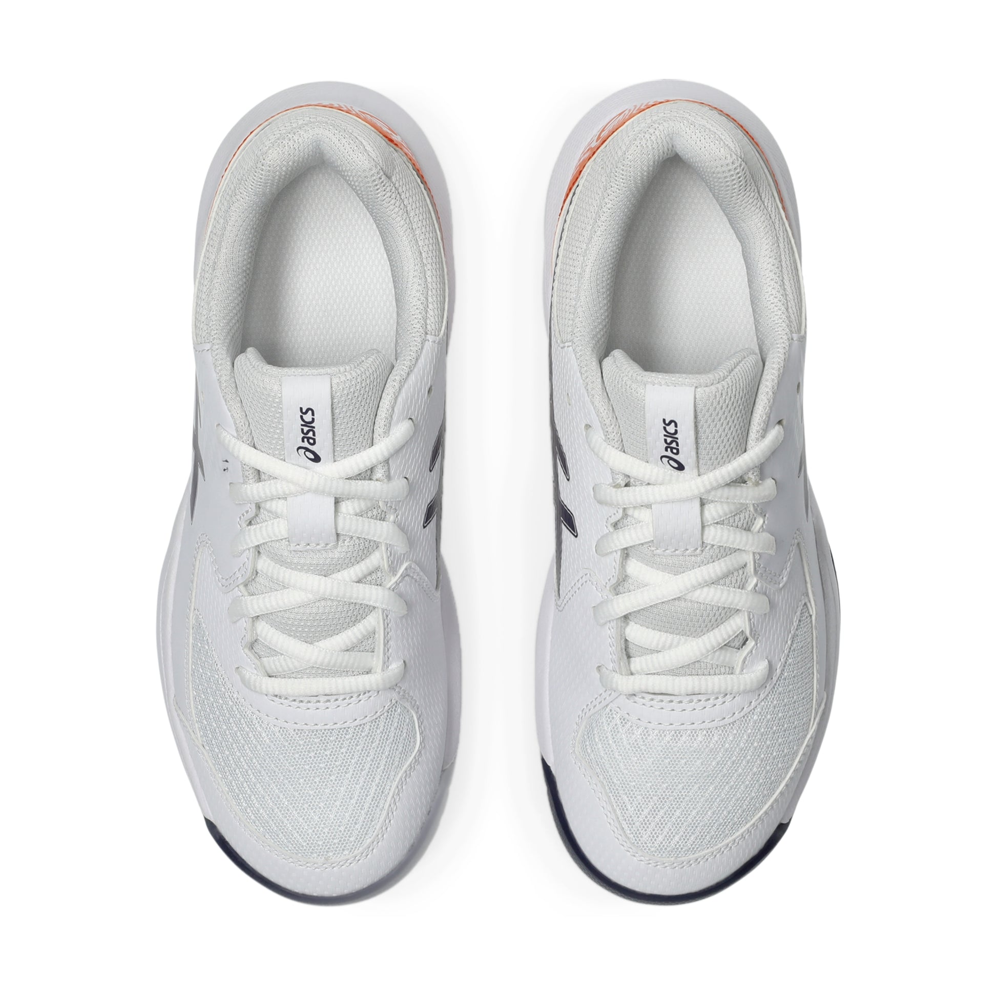 Pair of white Asics tennis shoes with navy soles on a white background