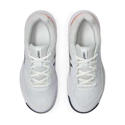 Pair of white Asics tennis shoes with navy soles on a white background