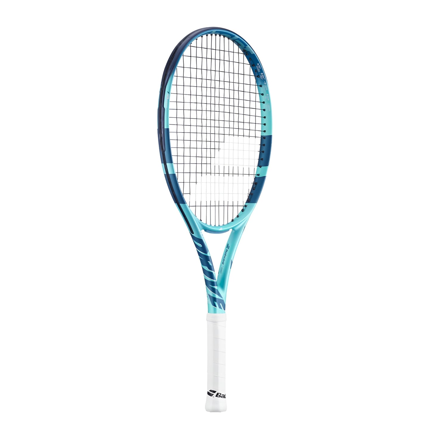 Babolat tennis racket with blue and white design on a white background