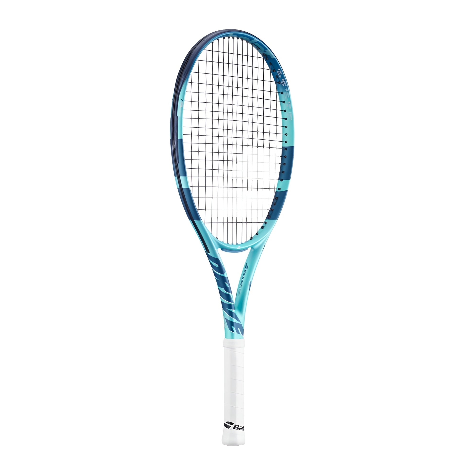 Babolat tennis racket with blue and white design on a white background