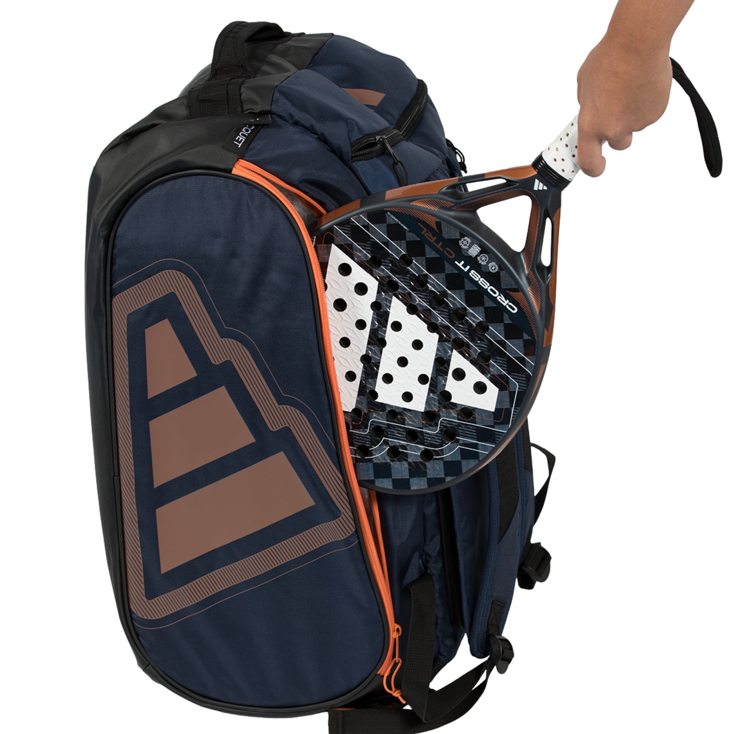 Navy blue sports bag with orange accents and a paddle held by a hand on a white background