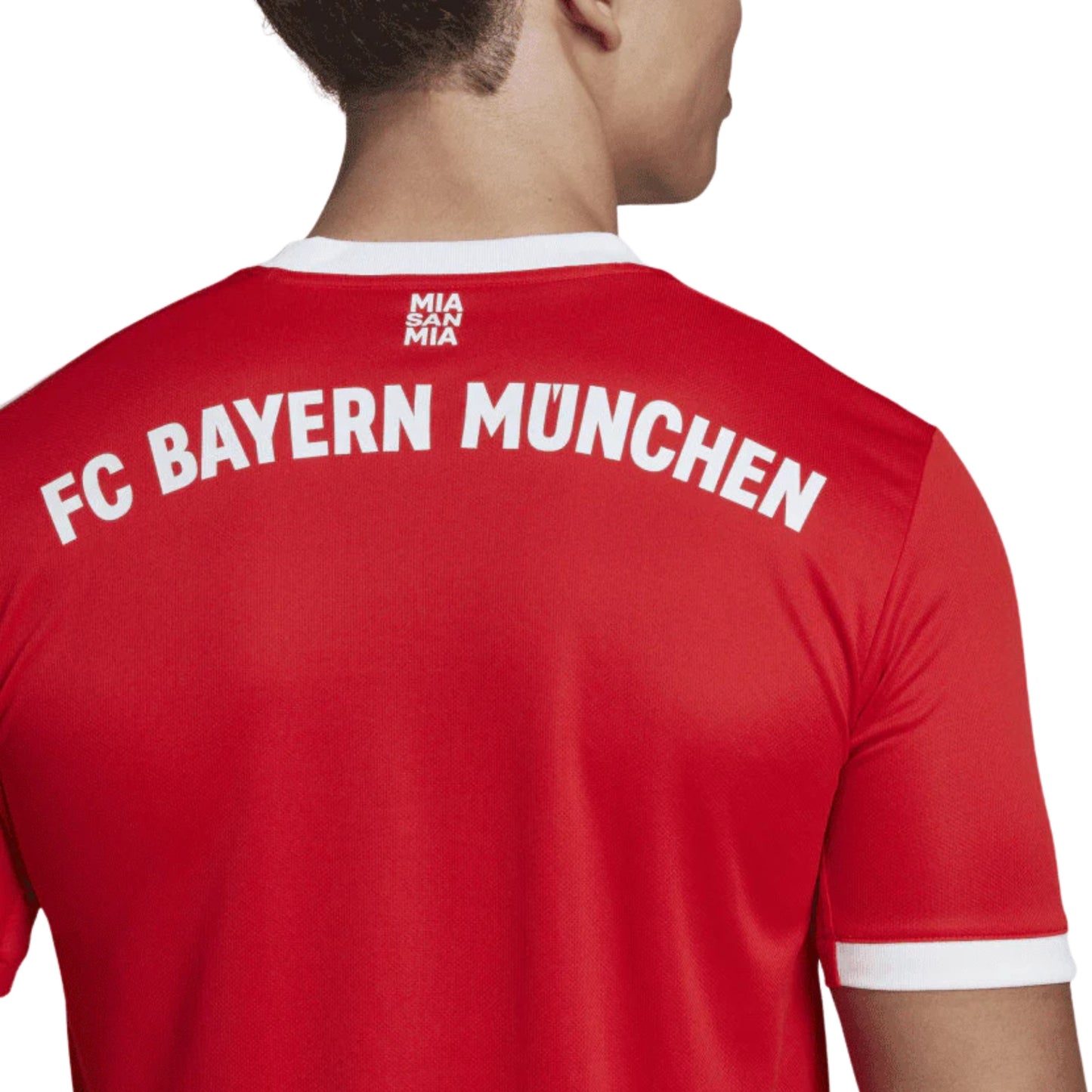 Red sports jersey with 'FC Bayern München' text on the back, brand logo visible.