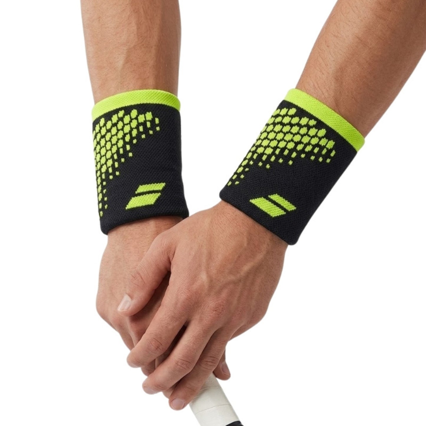 Black wristbands with yellow pattern worn by a person on a white background