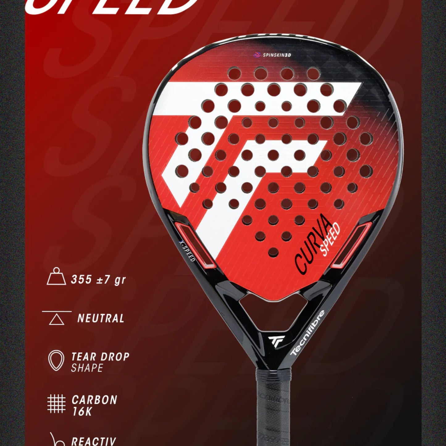 Red and black padel racket with brand logo on a red background