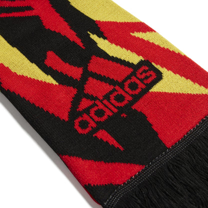 Red, black, and yellow Adidas scarf with logo