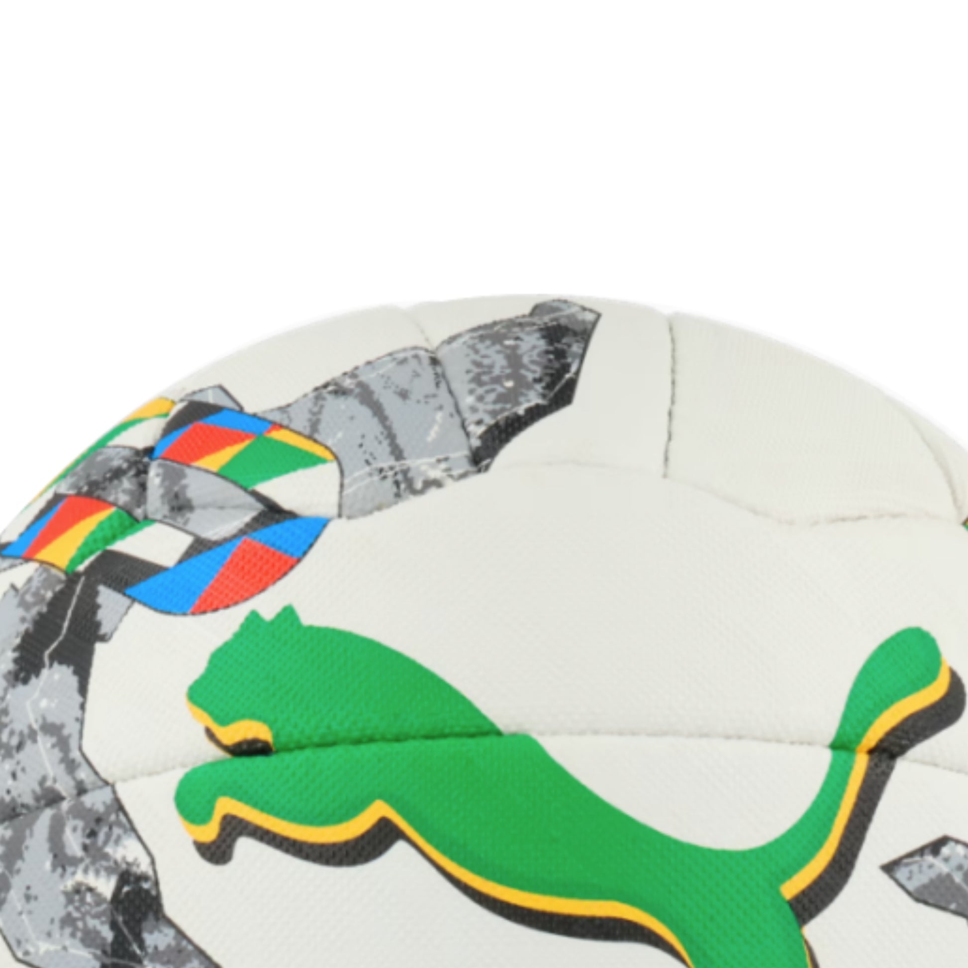 Puma netball ball with colorful patterns on a white background