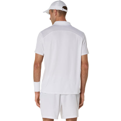 Man wearing a white polo shirt and shorts set with a white cap on a white background
