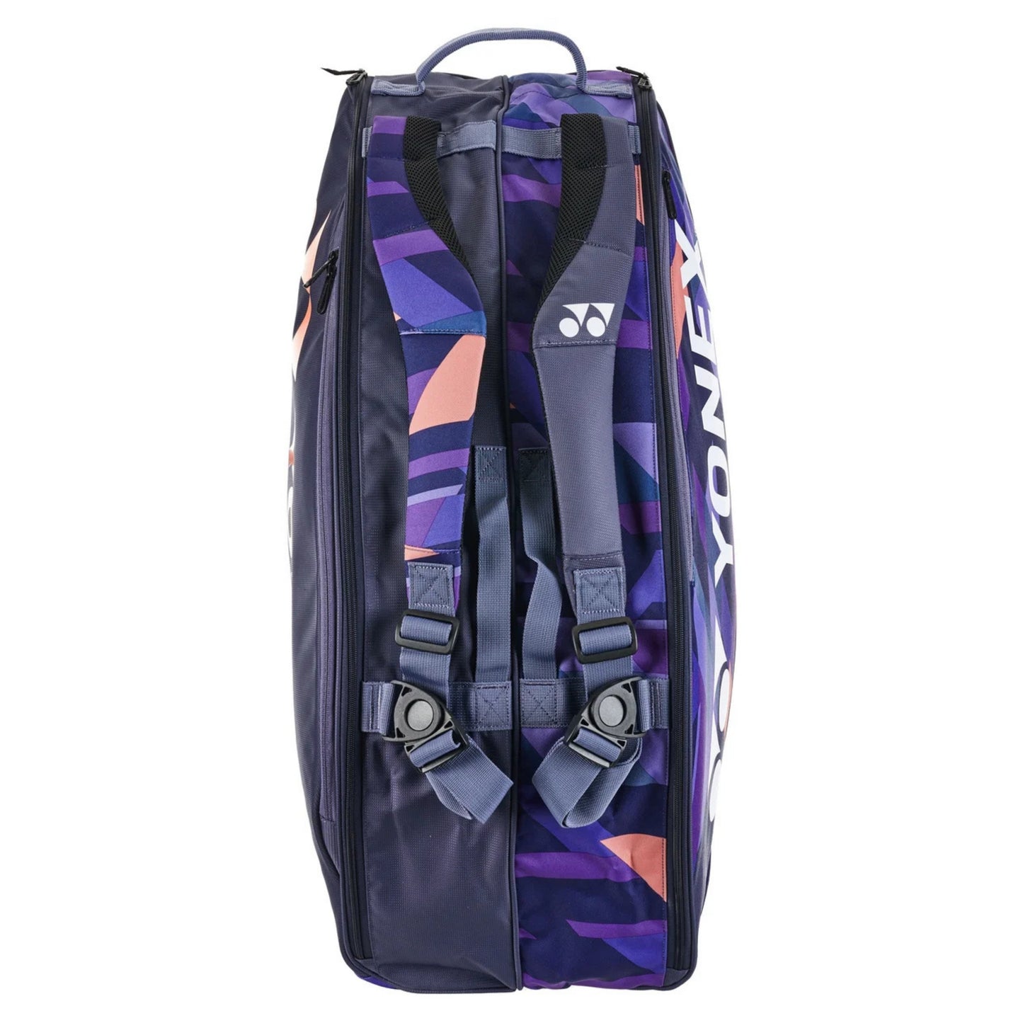 Multicolored racket bag with visible Yonex logo on a white background