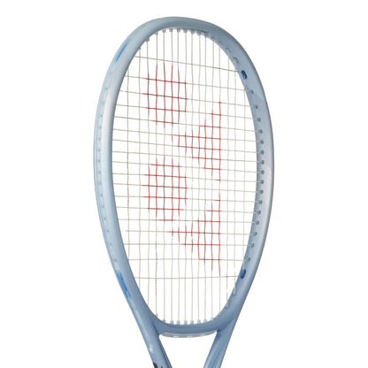 Silver Yonex tennis racket with a white background