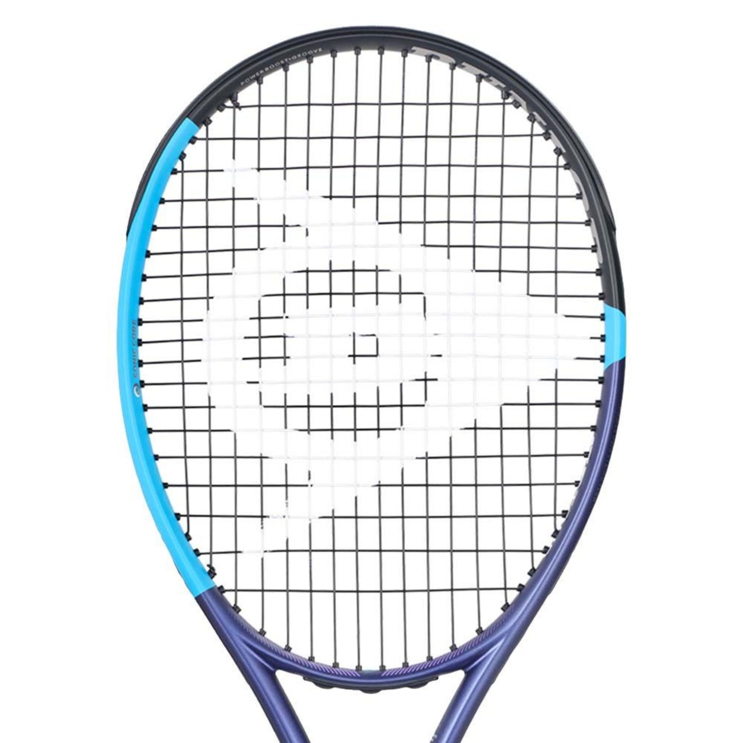 Dunlop tennis racket with blue frame and black strings on a white background