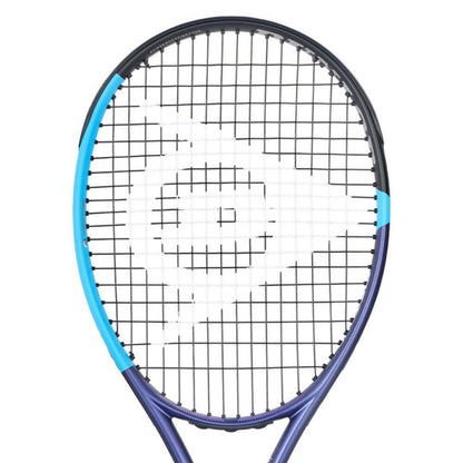 Dunlop tennis racket with blue frame and black strings on a white background