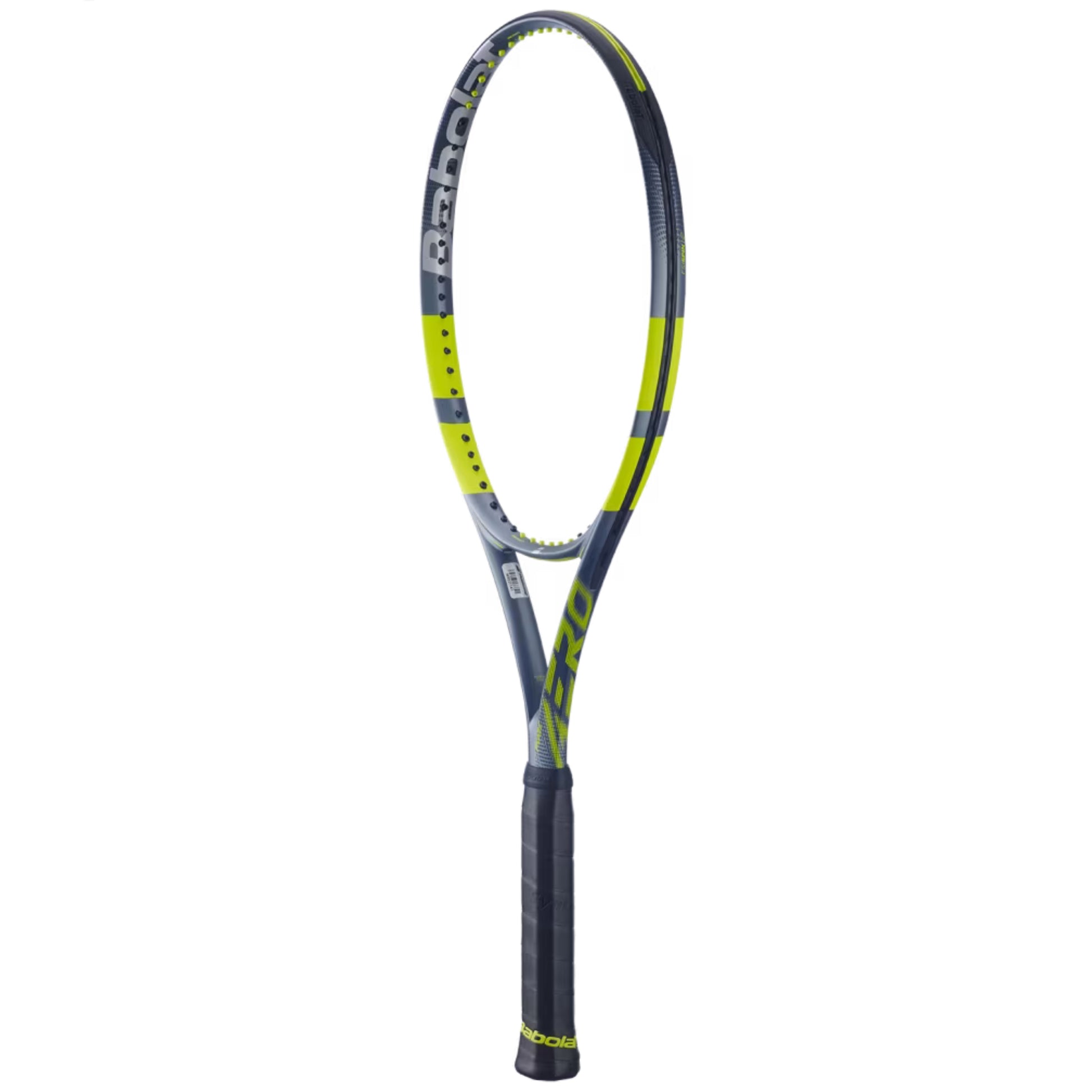 Tennis racket with black and yellow design on a white background