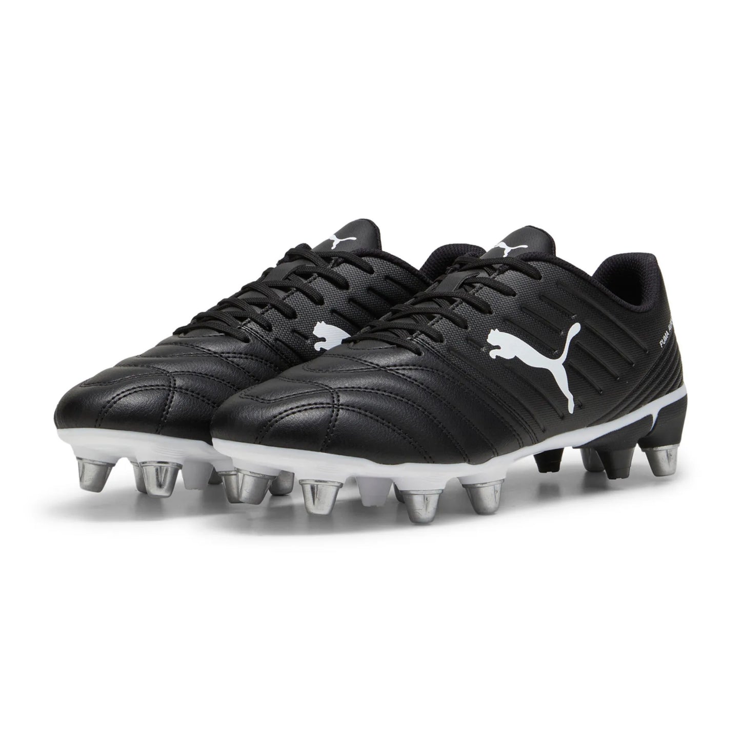 Black rugby boot with white logo on a white background