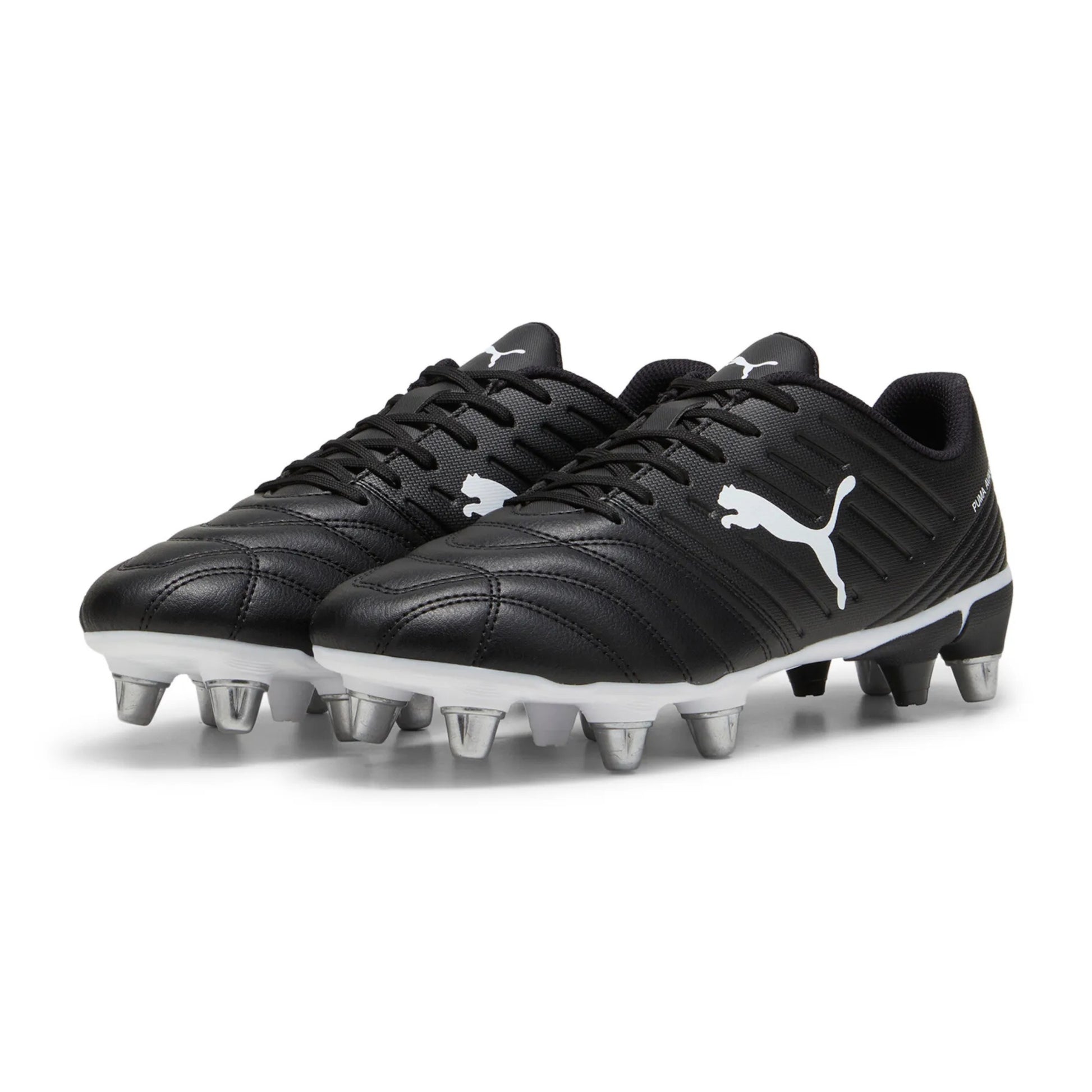 Black rugby boot with white logo on a white background