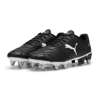 Black rugby boot with white logo on a white background