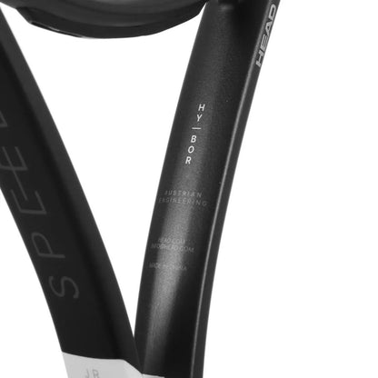 Close-up of a black Head tennis racket frame showing the HYBOR technology text on the central shaft, with part of the SPEED line and HEAD branding visible on a white background.