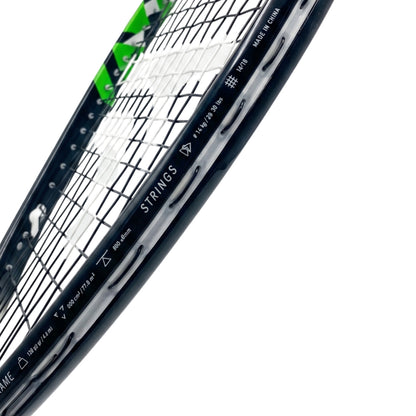 Close-up of a Tecnifibre squash racket showing the black frame, white strings, and a small green accent near the throat against a white background.