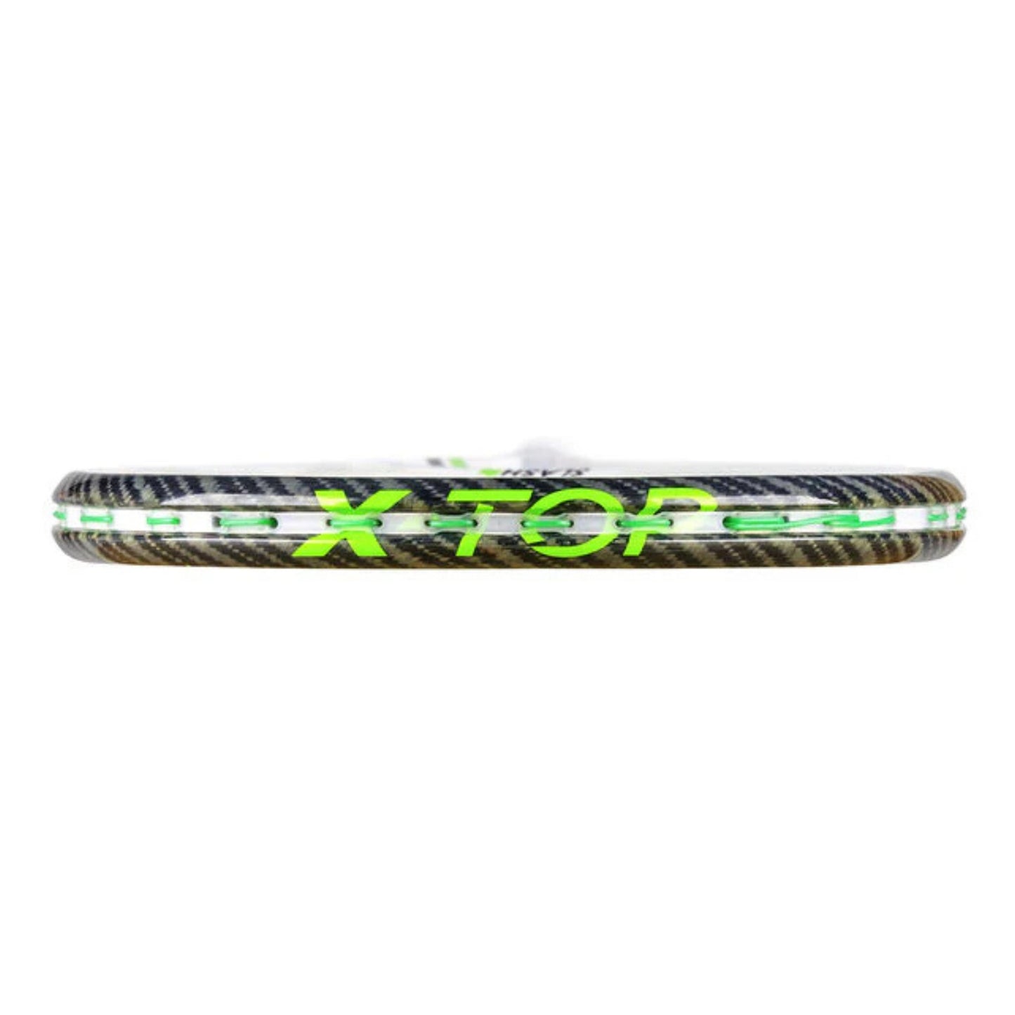 A close-up horizontal view of a Tecnifibre top view squash racket showing the X-Top brand logo in neon green over a black and brown carbon fiber pattern.