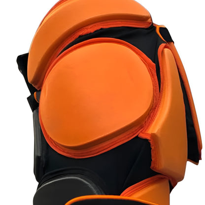 Close-up of an orange and black protective gear on a white background