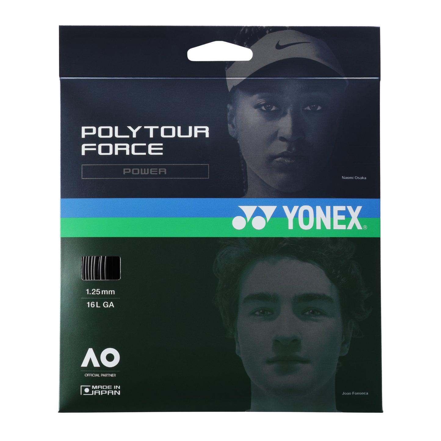 Yonex Polytour Force tennis string package with player images on a dark background
