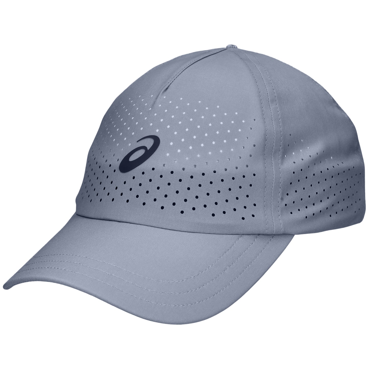 Gray cap with a brand Asics logo on a white background